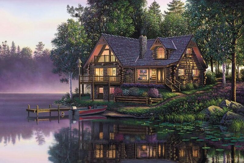 Log Cabin by Lake — Green, Serene, Morning, Painting