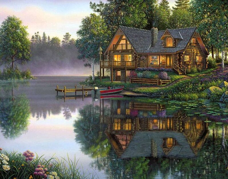 Log Cabin by Lake — Green, Serene, Morning
