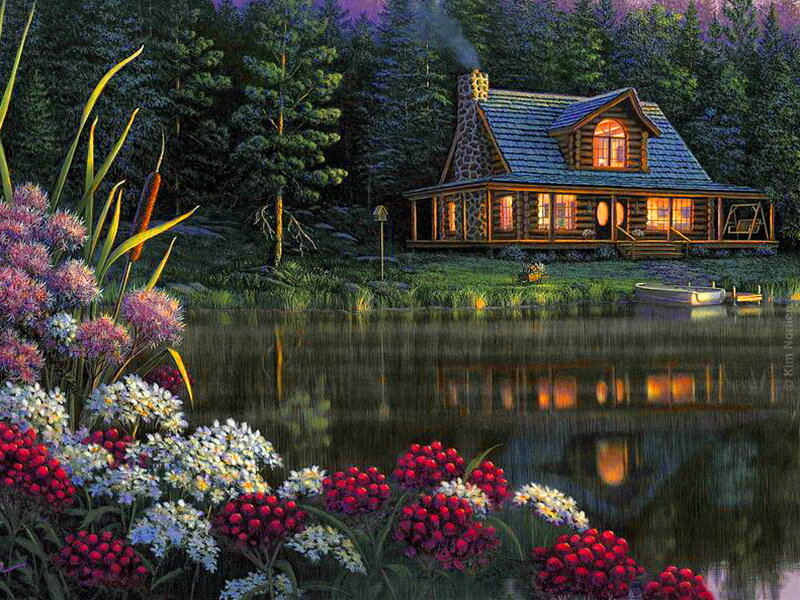 Log Cabin by Lake — Green, Serene, Night, Digital Art