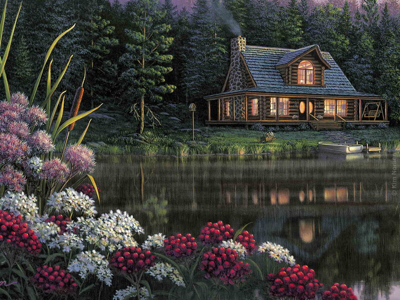 Log Cabin by Lake — Green, Serene, Night