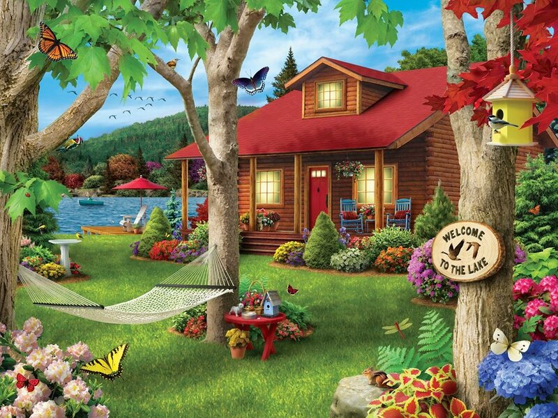 Log Cabin by Lake — Green, Serene, Summer, Illustration, Butterflies