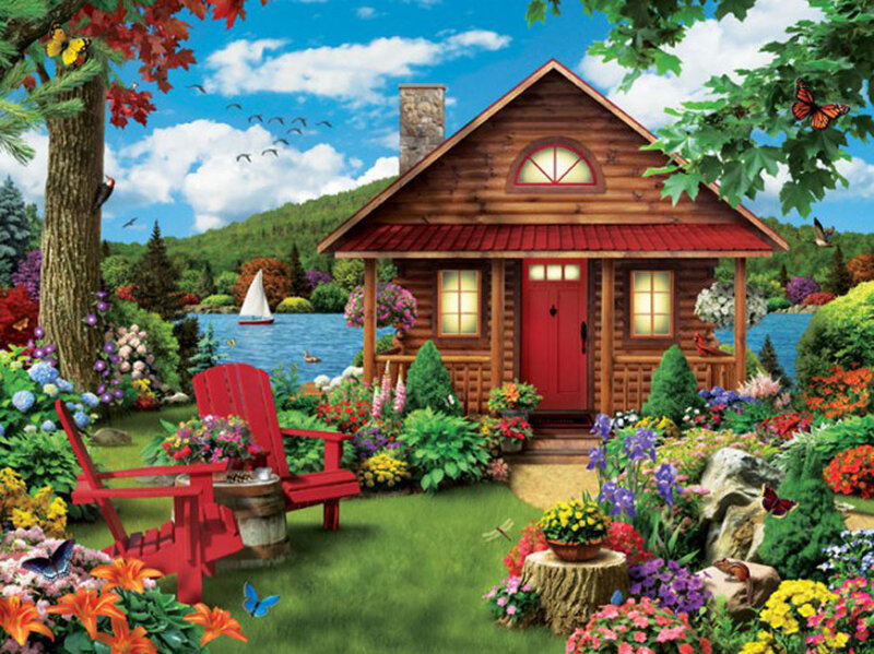 Log Cabin by Lake — Green, Serene, Summer, Illustration