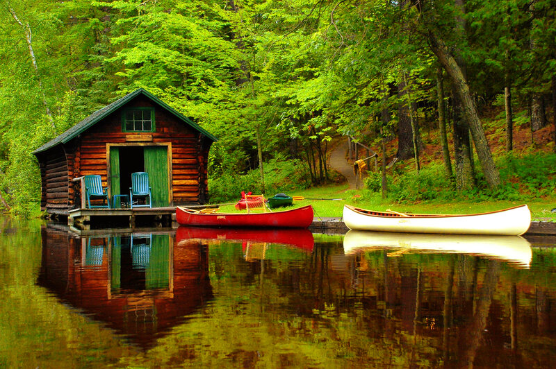 Log Cabin by Lake — Green, Serene, Summer