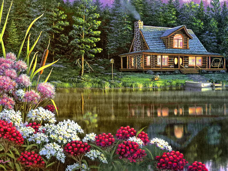 Log Cabin by Lake — Green, Serene, Sunset, Digital Art