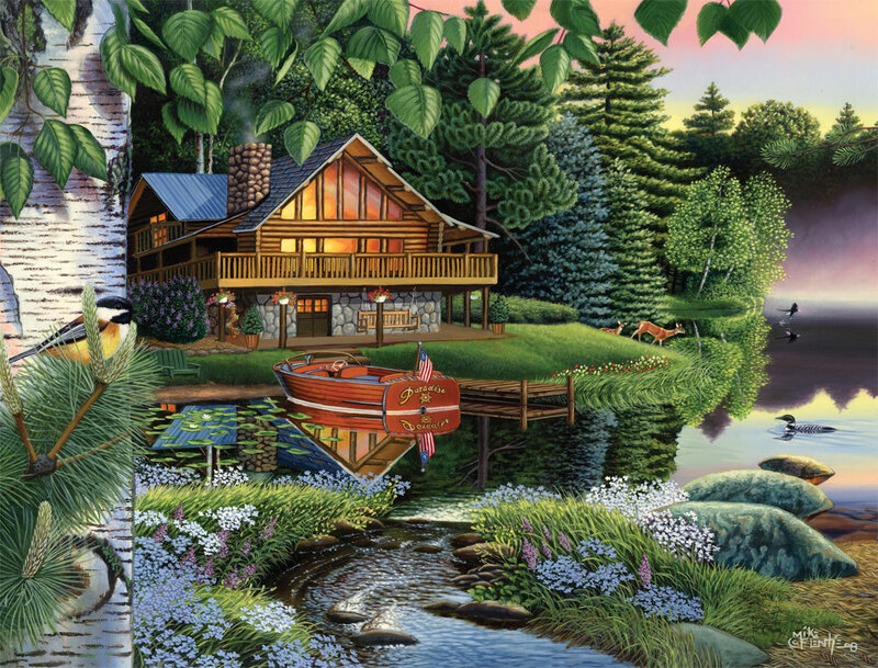 Log Cabin by Lake — Green, Serene, Sunset, Illustration