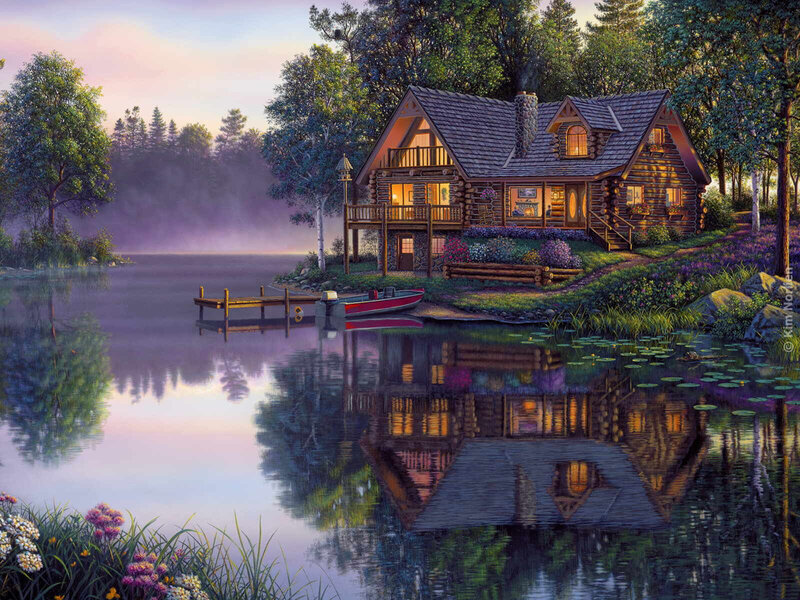 Log Cabin by Lake — Green, Serene, Sunset, Painting, Boat