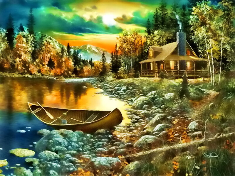 Log Cabin by Lake — Green, Serene, Sunset, Painting, Canoe