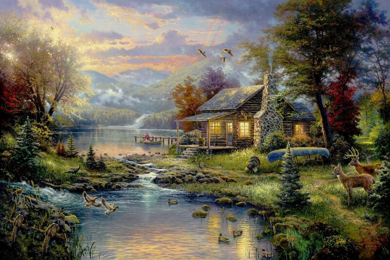Log Cabin by Lake — Green, Serene, Sunset, Painting, Deer, Ducks