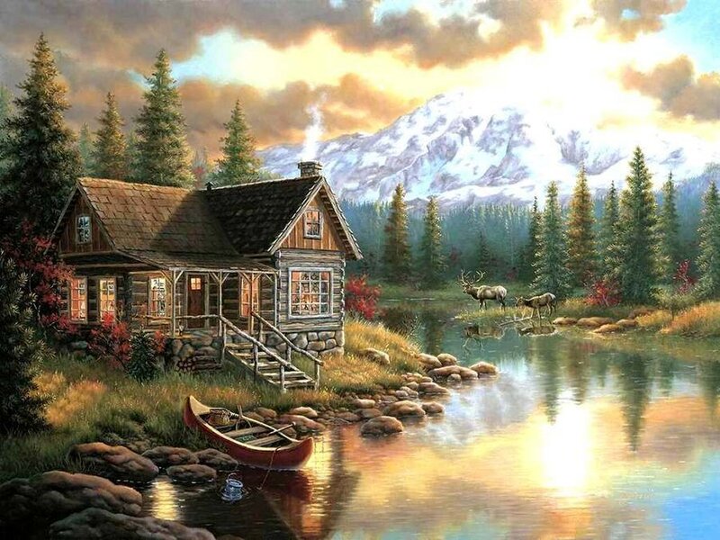 Log Cabin by Lake — Green, Serene, Sunset, Painting, Mountain, Deer
