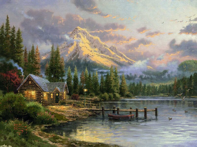 Log Cabin by Lake — Green, Serene, Sunset, Painting, Mountain