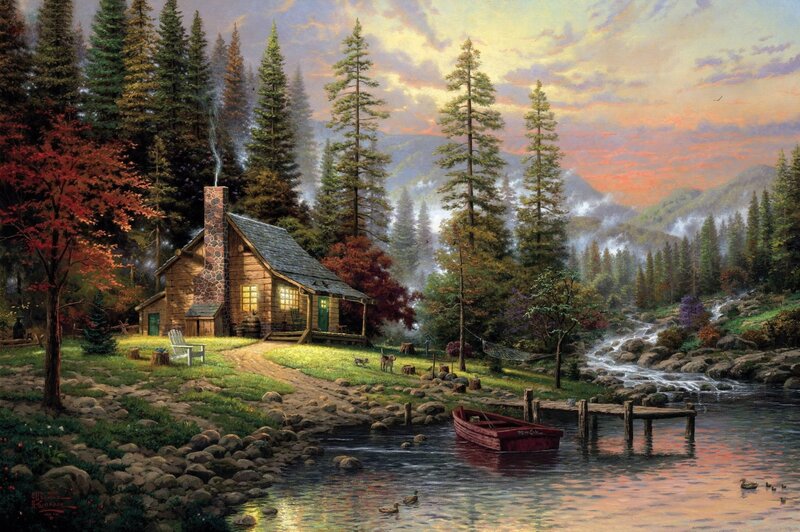 Log Cabin by Lake — Green, Serene, Sunset, Painting, River, Trees, Boat
