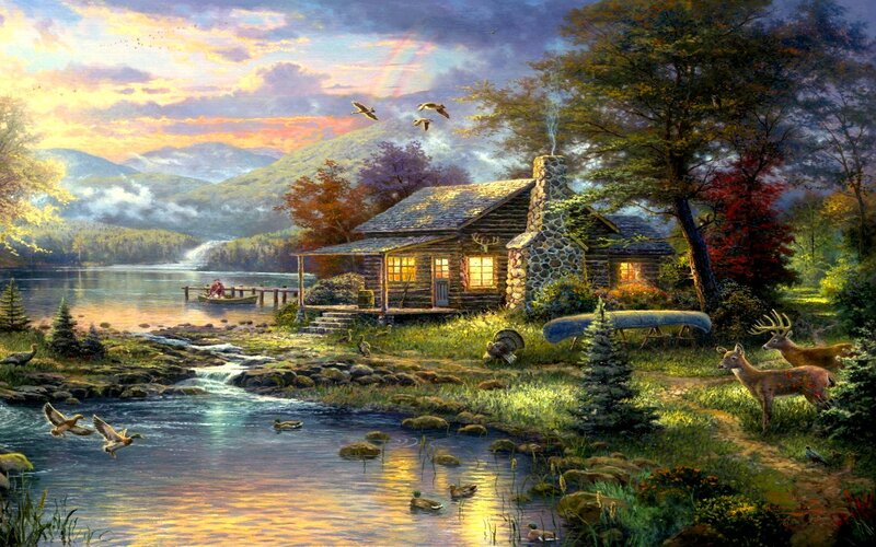Log Cabin by Lake — Green, Serene, Sunset