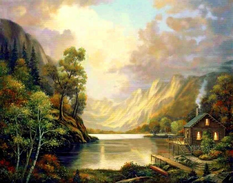 Log Cabin by Lake — Green, Serene