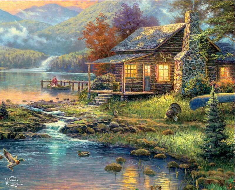 Log Cabin by Lake — Green