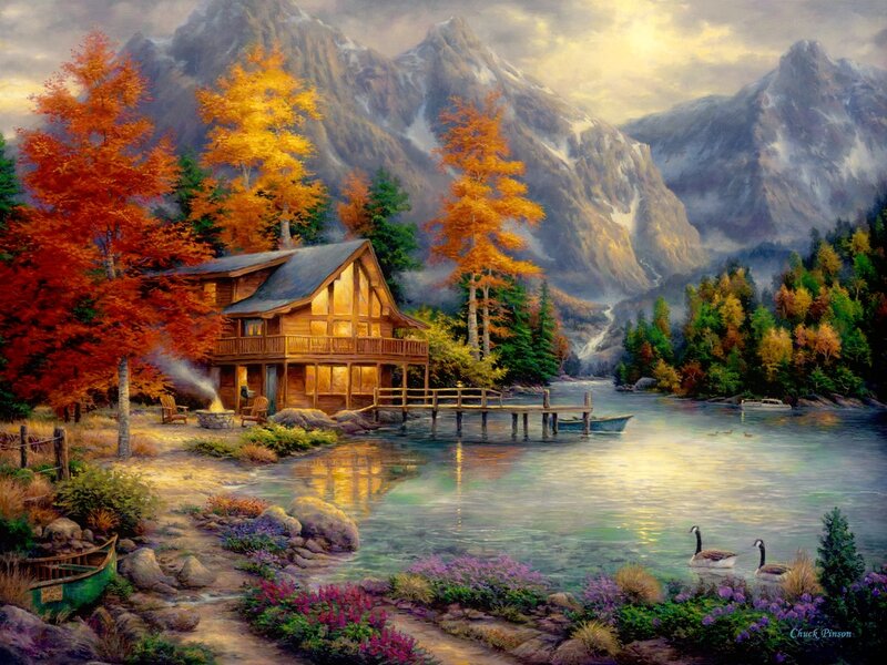 Log Cabin by Lake — Orange, Serene, Autumn