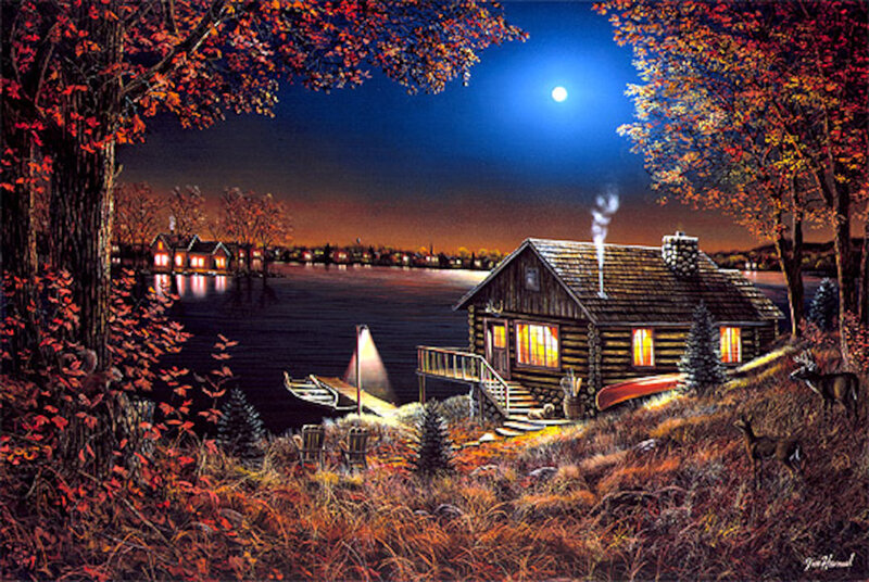 Log Cabin by Lake — Orange, Serene, Night