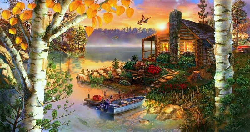 Log Cabin by Lake — Orange, Serene, Sunset, Digital Art