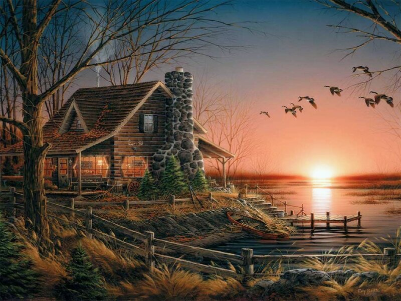 Log Cabin by Lake — Orange, Serene, Sunset, Painting, Birds