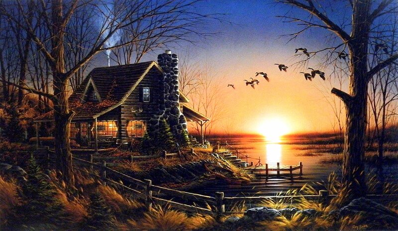 Log Cabin by Lake — Orange, Serene, Sunset, Painting, Birds, Trees
