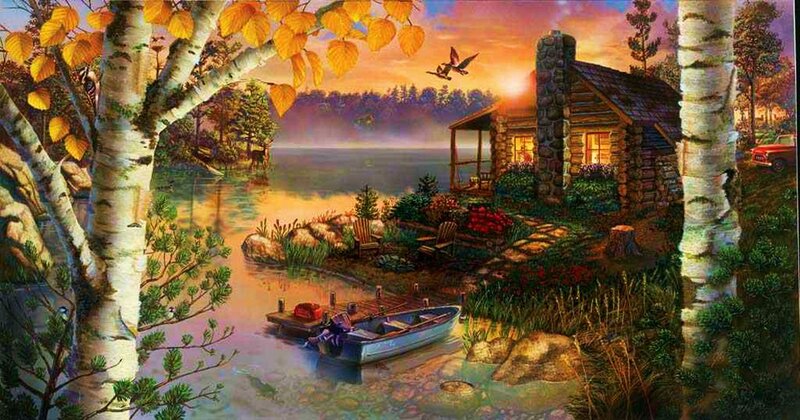 Log Cabin by Lake — Orange, Serene, Sunset, Painting, Boat, Birch Trees