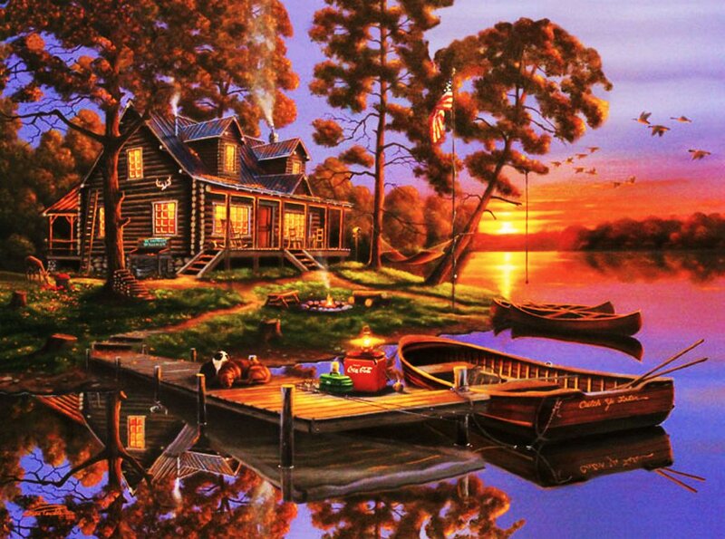 Log Cabin by Lake — Orange, Serene, Sunset, Painting, Boat, Dock