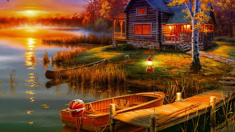 Log Cabin by Lake — Orange, Serene, Sunset, Painting, Boat