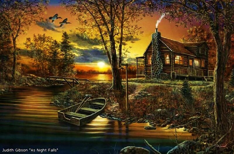Log Cabin by Lake — Orange, Serene, Sunset, Painting, Boat, Trees
