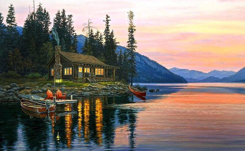 Log Cabin by Lake — Orange, Serene, Sunset, Painting