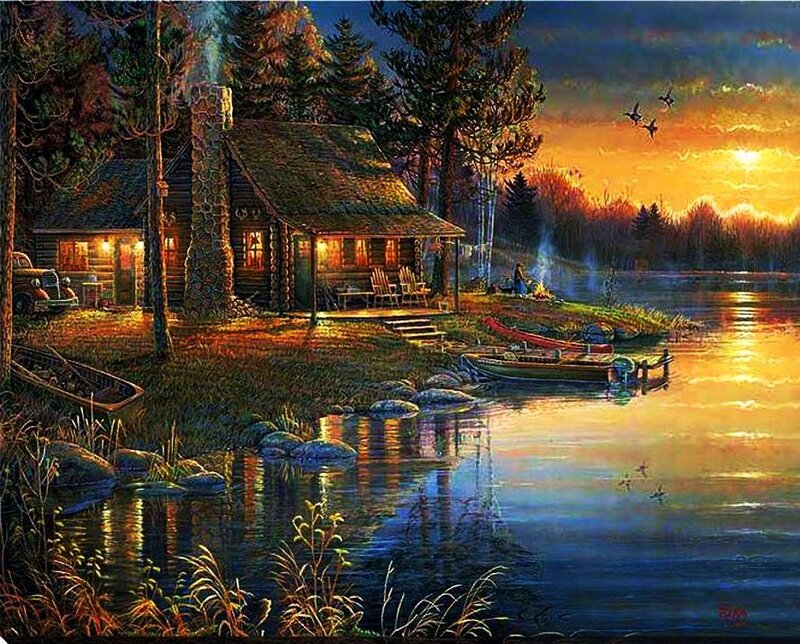 Log Cabin by Lake — Orange, Serene, Sunset, Painting, Trees, Boat