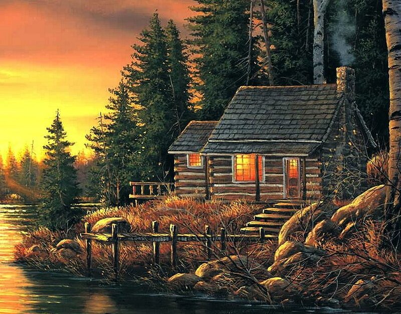 Log Cabin by Lake — Orange, Serene, Sunset, Painting, Trees