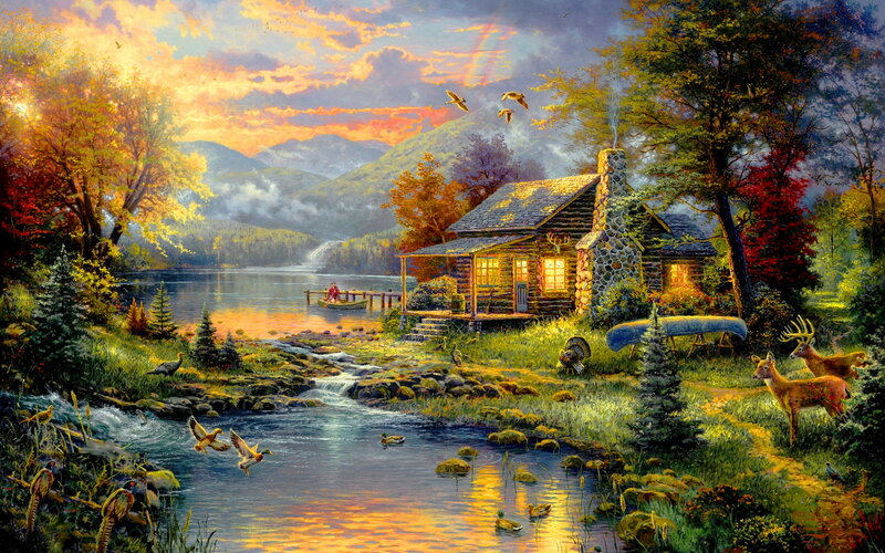 Log Cabin by Lake — Orange, Serene, Sunset