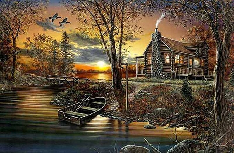Log Cabin by Lake — Orange, Serene