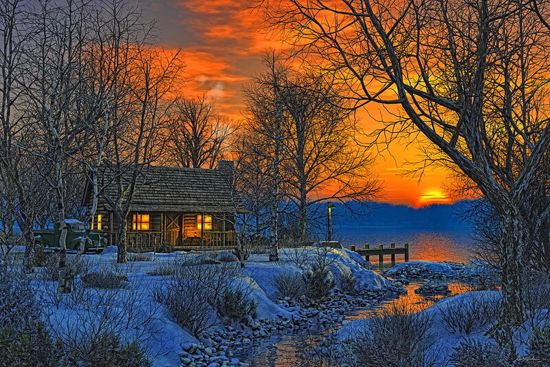 Log Cabin by Lake — Orange, Serene, Winter, Photograph
