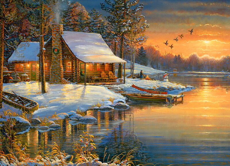 Log Cabin by Lake — Orange, Serene, Winter