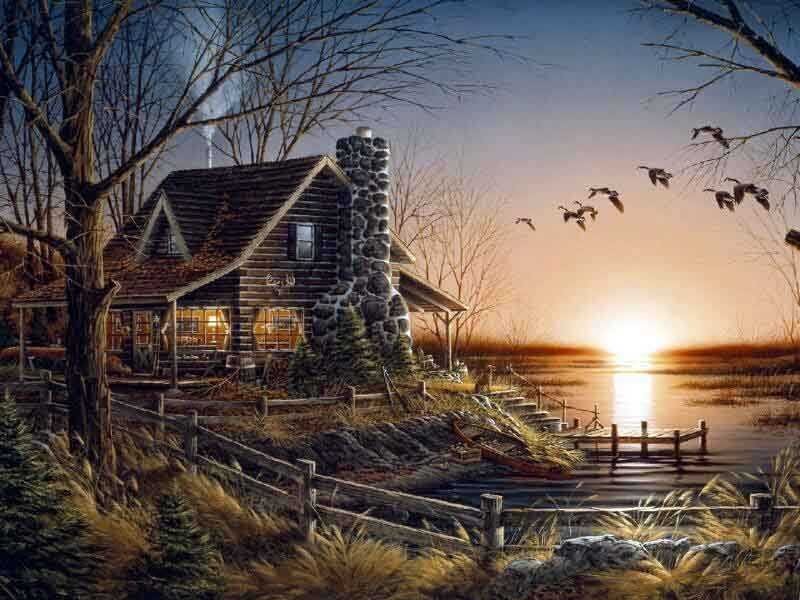 Log Cabin by Lake — Orange