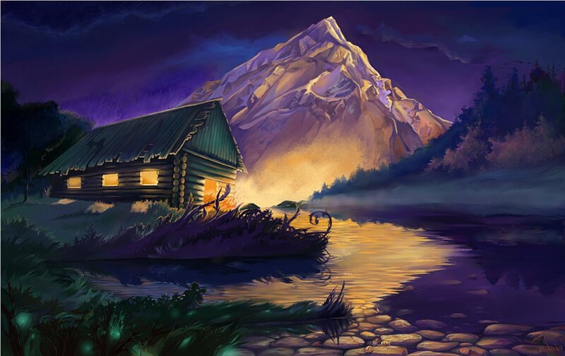 Log Cabin by Lake — Purple, Serene, Night
