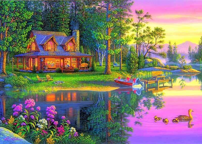 Log Cabin by Lake — Purple, Serene, Sunset, Digital Art