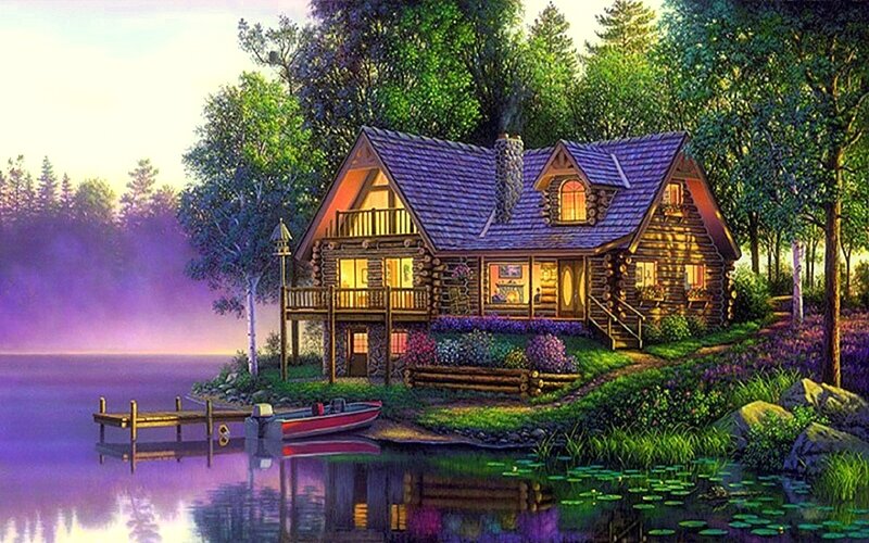 Log Cabin by Lake — Purple, Serene, Sunset, Digital Art, Trees