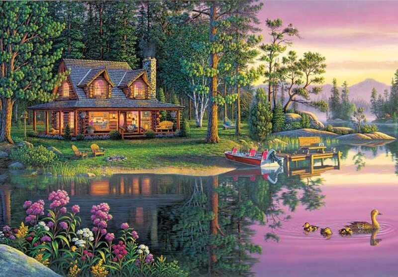Log Cabin by Lake — Purple, Serene, Sunset, Illustration