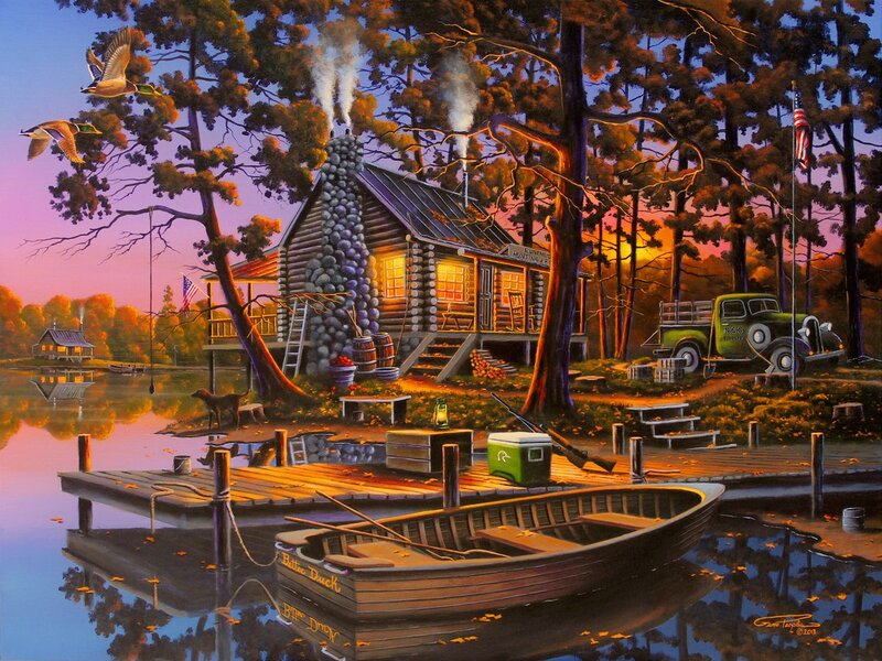 Log Cabin by Lake — Purple, Serene, Sunset, Painting, Boat