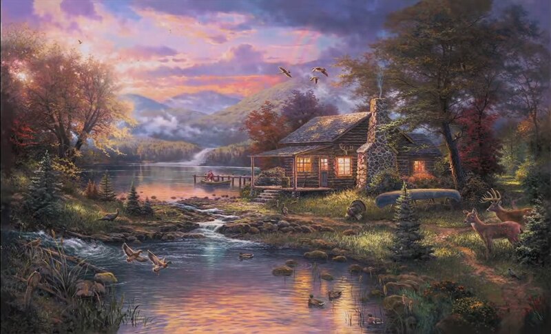 Log Cabin by Lake — Purple, Serene, Sunset, Painting, Deer