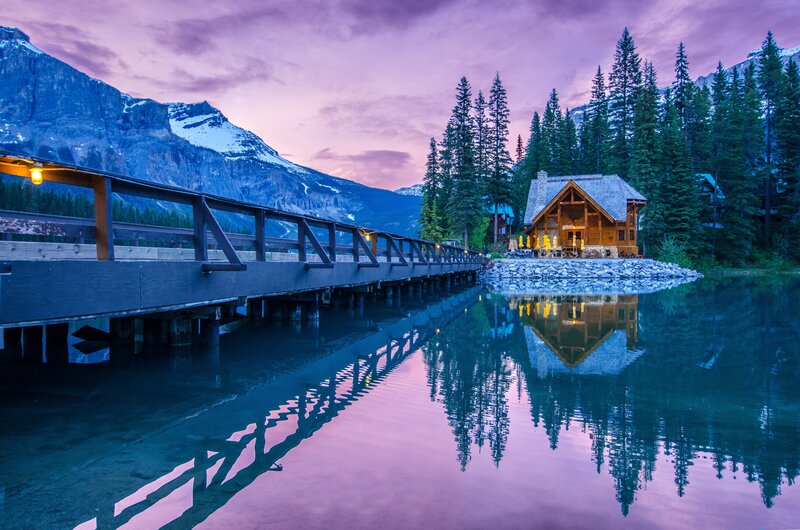 Log Cabin by Lake — Purple, Serene, Sunset, Photograph, Mountain