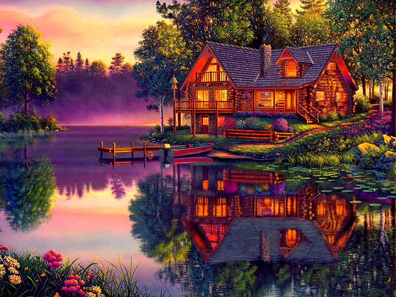 Log Cabin by Lake — Purple, Serene, Sunset