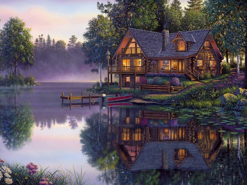 Log Cabin by Lake — Purple, Serene