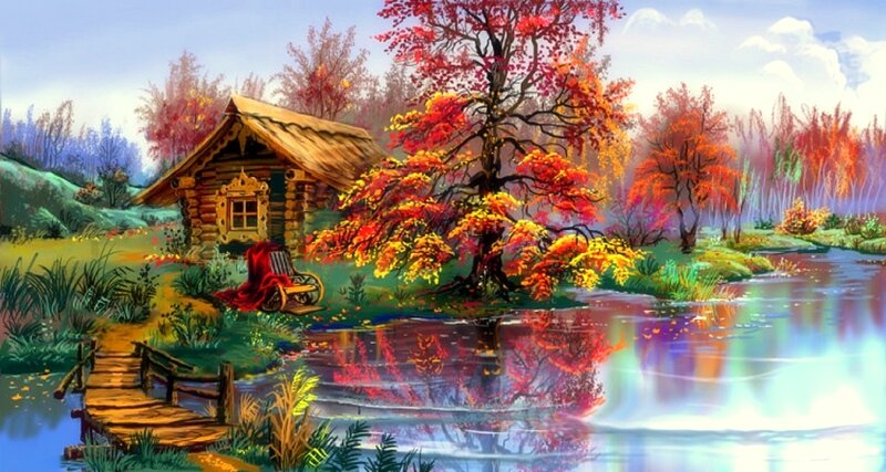 Log Cabin by Lake — Red