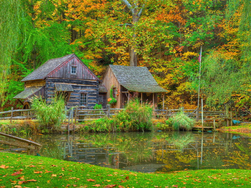 Log Cabin by Pond — Green