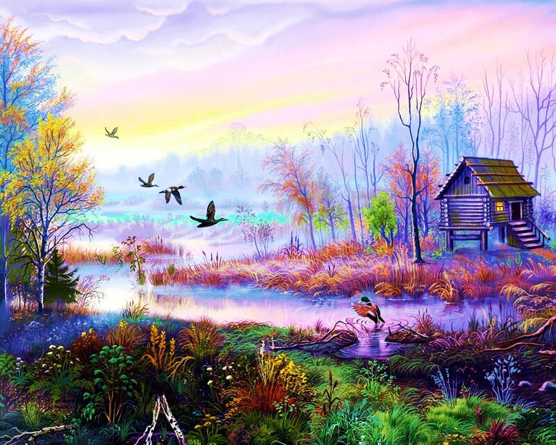 Log Cabin by Pond — Purple