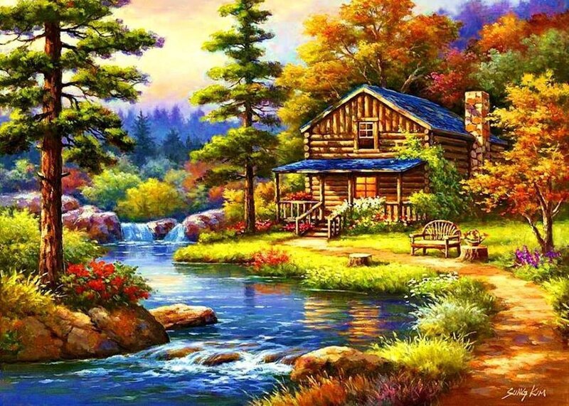 Log Cabin by River — Blue, Serene, Autumn, Painting