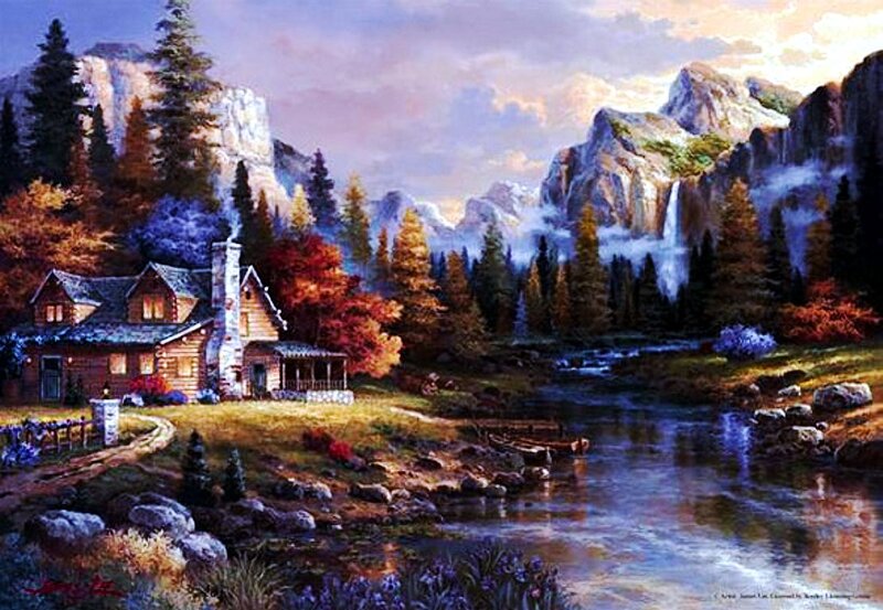 Log Cabin by River — Blue, Serene, Autumn
