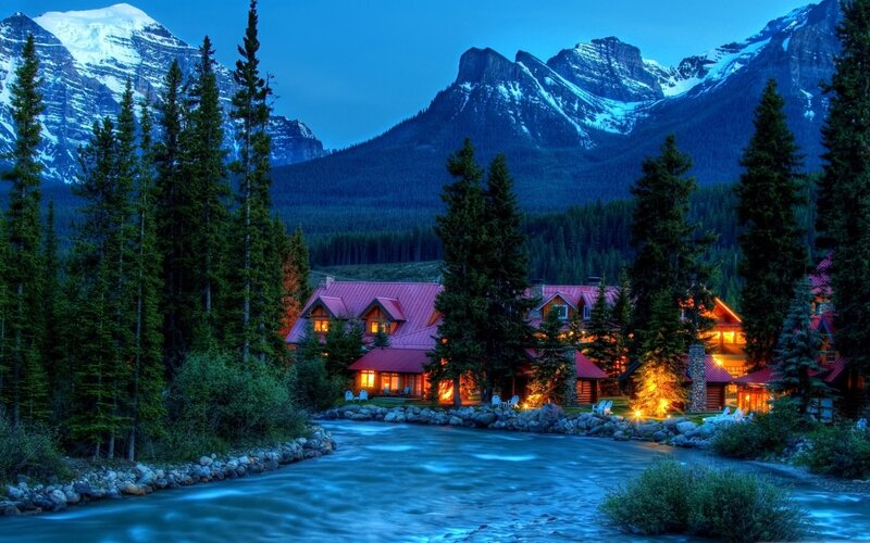 Log Cabin by River — Blue, Serene, Night